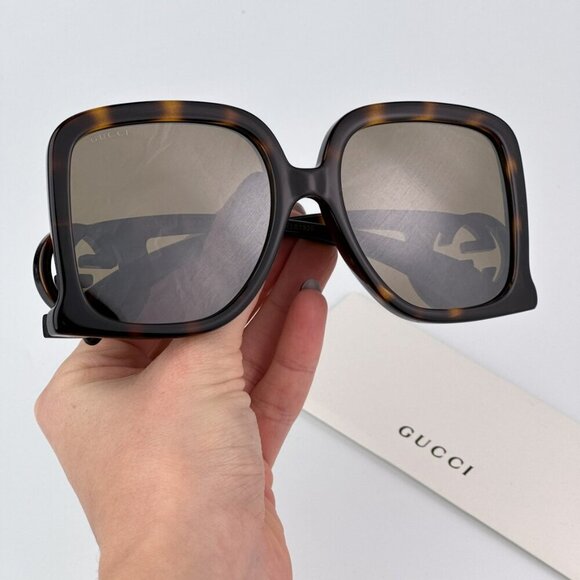 Gucci GG1326S 007 BRAND NEW Sunglasses Dark Havana Brown Mirror Oversized Women - Picture 2 of 10